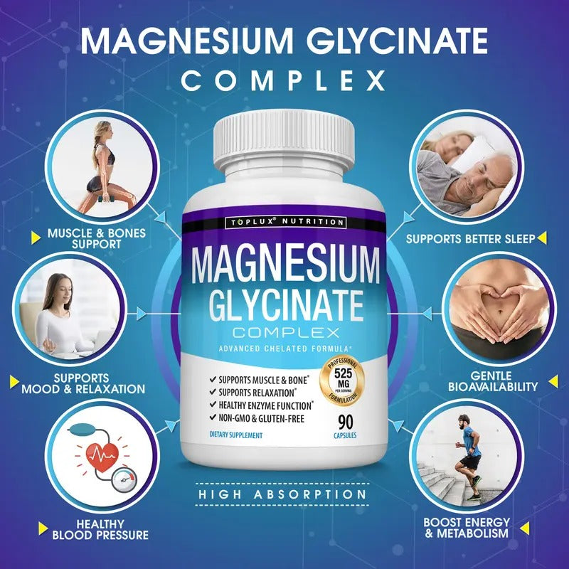 Toplux Magnesium Glycinate 525mg | High Absorption Supplement, 60 Capsules