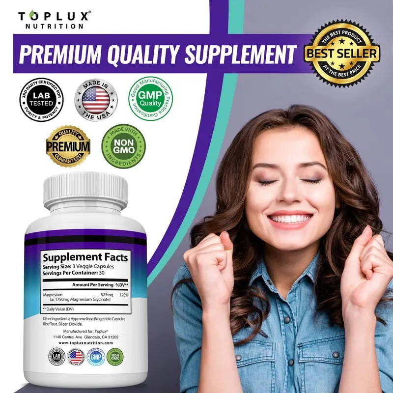 Toplux Magnesium Glycinate 525mg | High Absorption Supplement, 60 Capsules