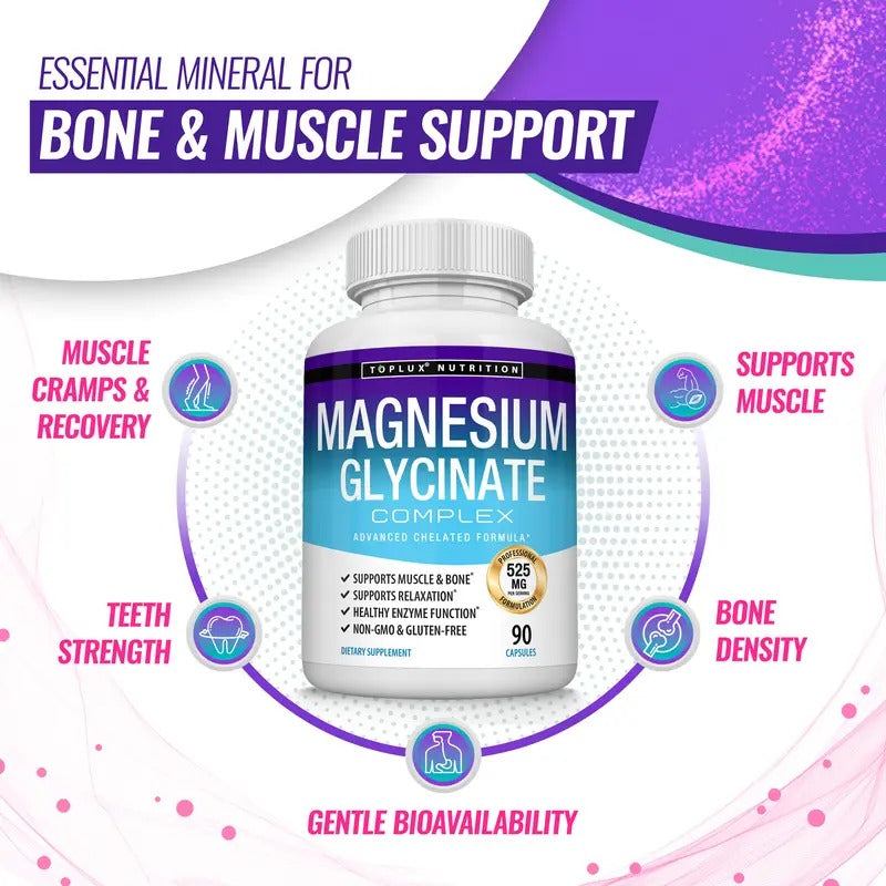 Toplux Magnesium Glycinate 525mg | High Absorption Supplement, 60 Capsules