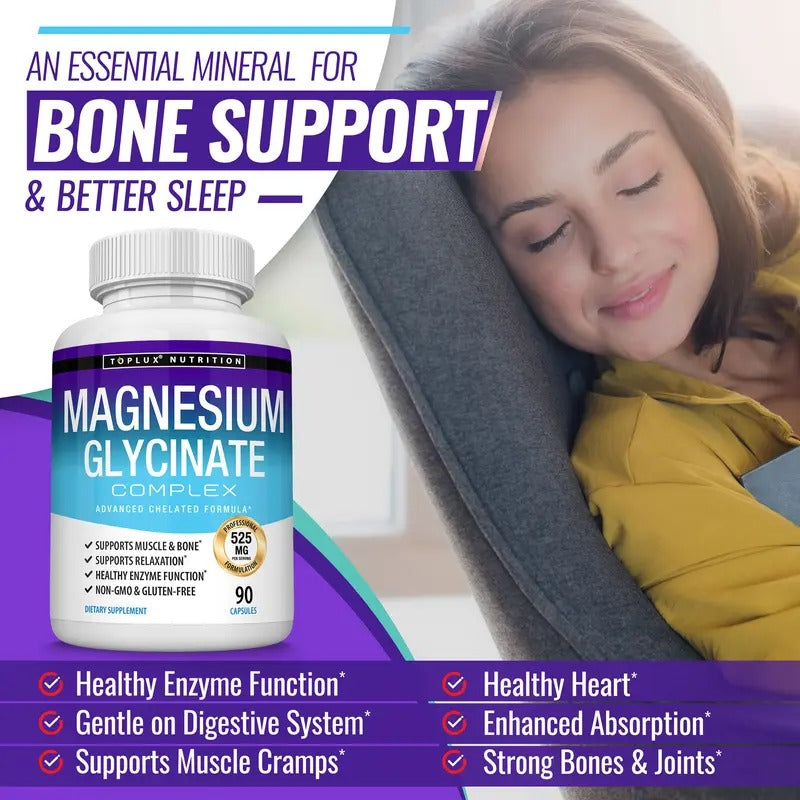 Toplux Magnesium Glycinate 525mg | High Absorption Supplement, 60 Capsules