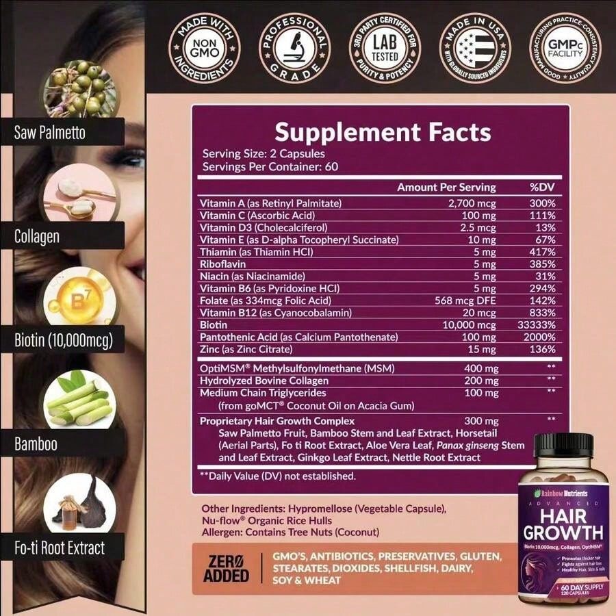 Miriyalyad 24-in-1 Hair Growth Vitamins | Biotin, Collagen & MSM, 60 Day Supply