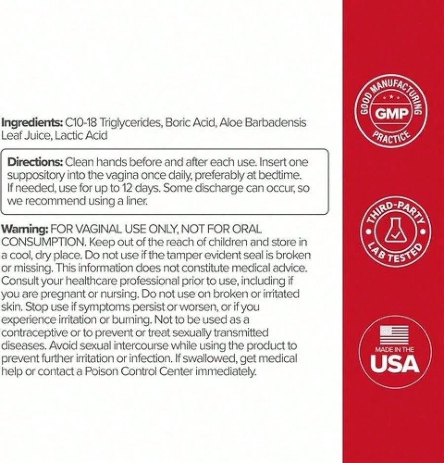 O Boric Acid Vaginal Suppositories | Lactic Acid & Aloe, 12 Ct