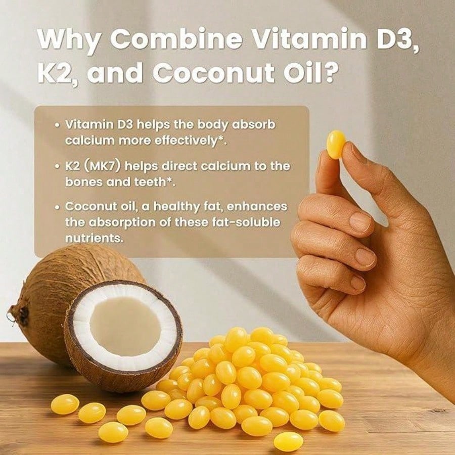 VEV Vitamin D3 K2 10000 | 2-in-1 Coconut Oil Softgels, 300 Count