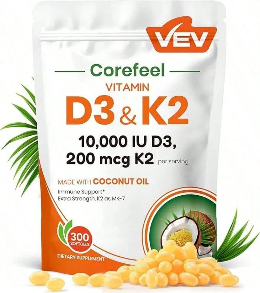 VEV Vitamin D3 K2 10000 | 2-in-1 Coconut Oil Softgels, 300 Count