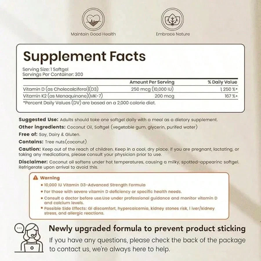 VEV Vitamin D3 K2 10000 | 2-in-1 Coconut Oil Softgels, 300 Count