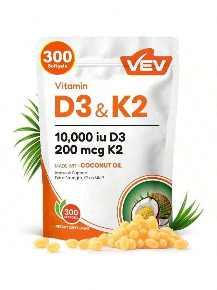 VEV Vitamin D3 K2 10000 | 2-in-1 Coconut Oil Softgels, 300 Count