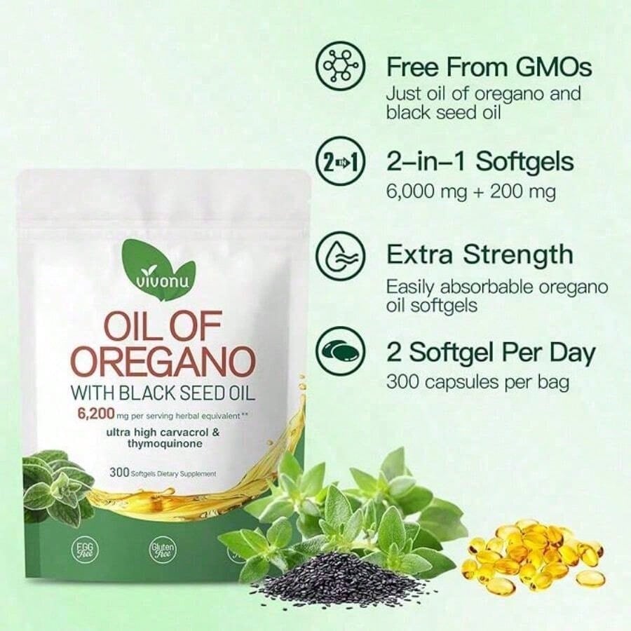 VivoNu Oregano Oil Capsules | Black Seed Oil Blend, Non-GMO
