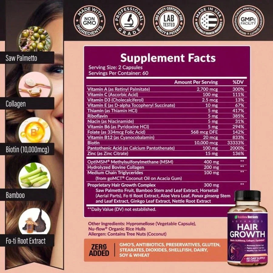 24-in-1 Hair Growth Vitamins | Biotin 10,000mcg, Collagen & MSM, 60 Day Supply