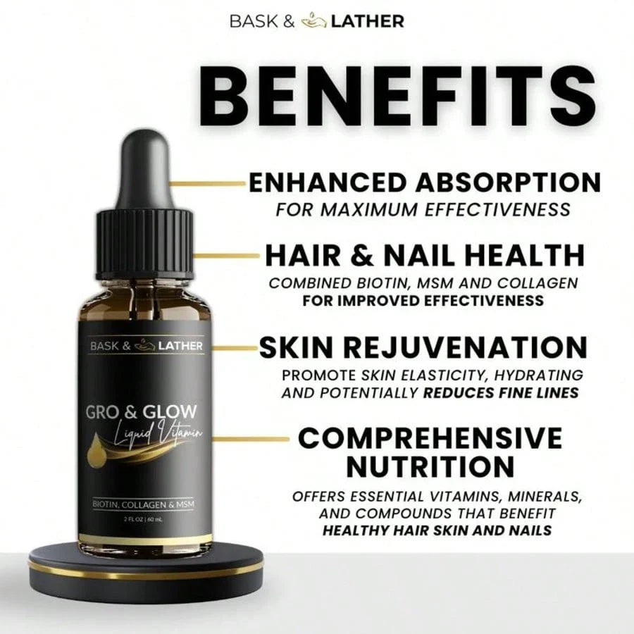 Gro & Glow Liquid Vitamins For Hair, Nails & Skin- With Biotin, Collagen And MSM