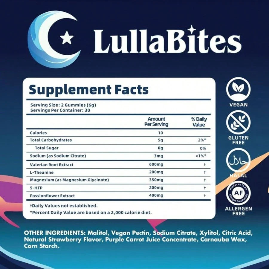 LullaBites Natural Sleep Gummies | Melatonin-Free, Strawberry Stars, 30 Servings
