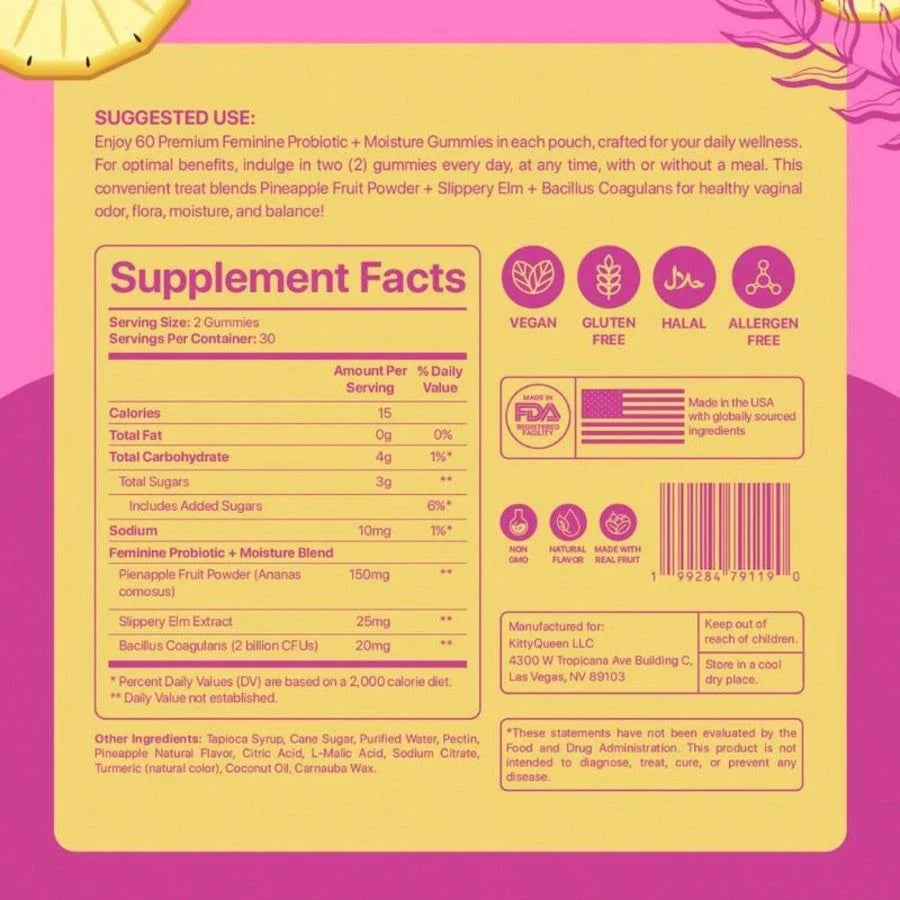 Slippery Kitty Feminine Probiotic + Moisture Gummies | Pineapple, 60 Count