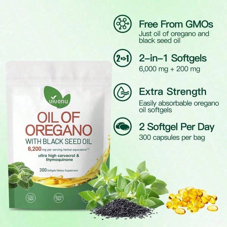 VivoNu Oil of Oregano with Black Seed Oil | 6200mg Equivalent, 300 Softgels