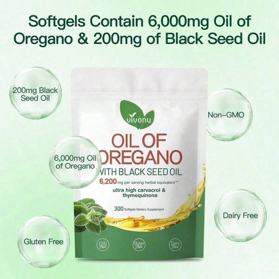 VivoNu Oil of Oregano with Black Seed Oil | 6200mg Equivalent, 300 Softgels