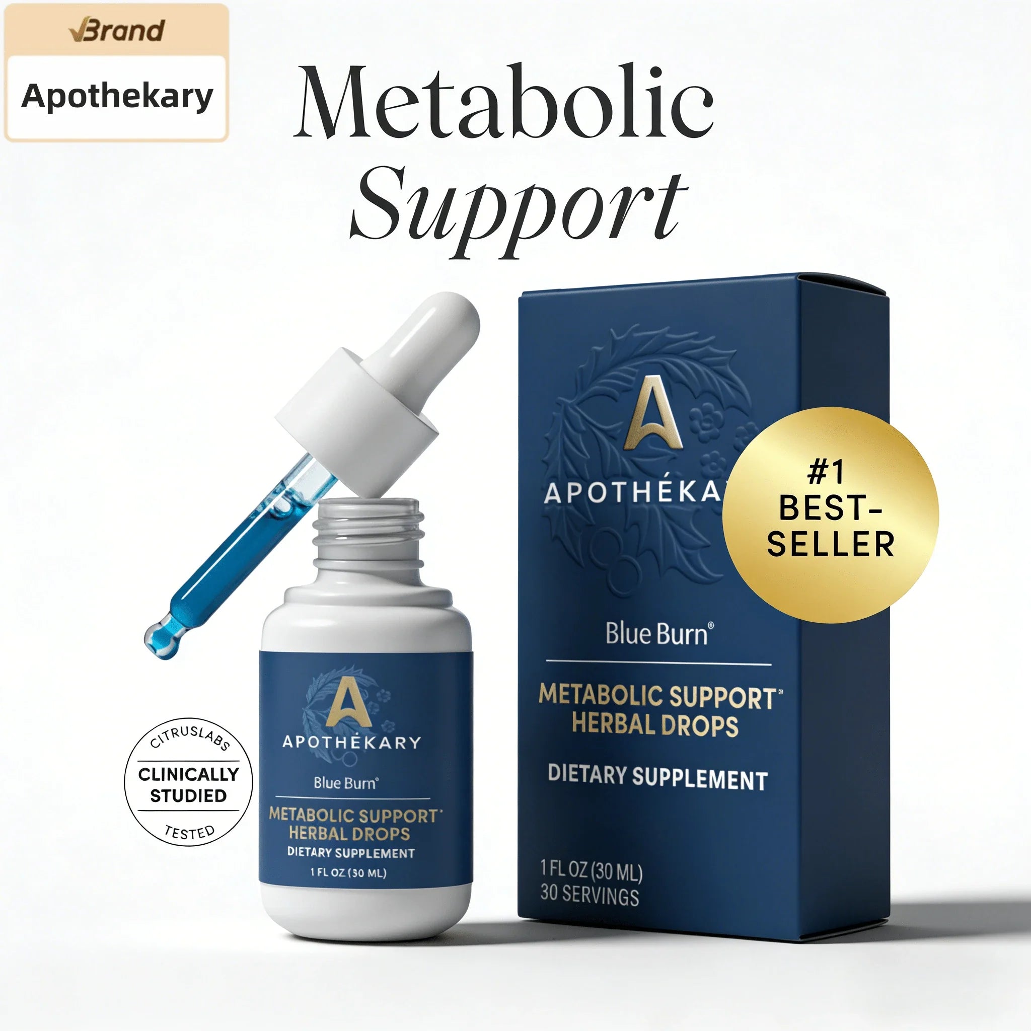 Apothekary Blue Burn Metabolic Support Drops, Liquid Herbal Supplement, Supports Metabolism & Daily Energy, #1 Best-Seller, 1 FL OZ, 30 Servings