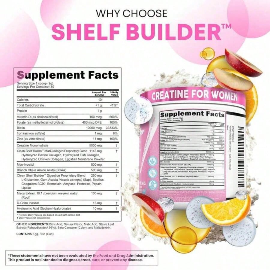 CleanNutra Women's Creatine Monohydrate Powder | 5000mg With BCAAs, Collagen, Myo-Inositol, L-Glutamine, D3, Iron, Zinc, Biotin, Hyaluronic Acid, Folate | Tropical Orange Flavor, 9.48oz