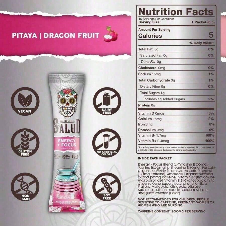 Health Energy & Focus Drink Mix – Dragon Fruit Agua Fresca Powder | Organic Caffeine, L-Theanine, L-Tyrosine, Taurine, Vitamins B6 & B12 | Low Sugar, Vegan – 15 Packets