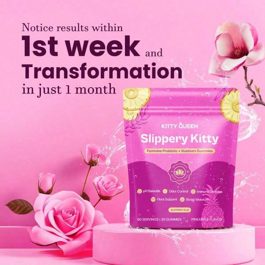 Kitty Queen Slippery Kitty Feminine Probiotic + Moisture Gummies | Pineapple Flavor | 30 Gummies (60 Servings) | With Slippery Elm | Supports PH Balance, Odor Control & Vaginal Moisture | Dietary Supplement