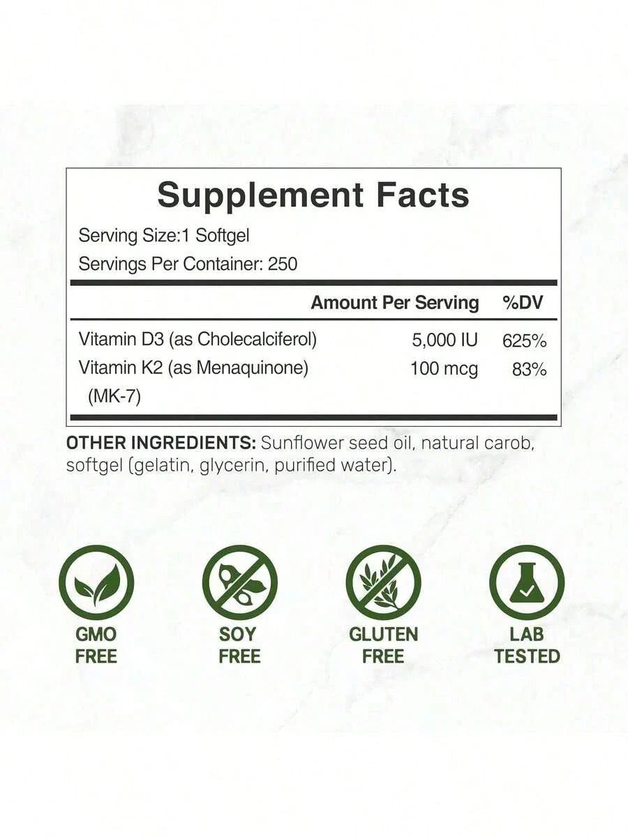 Vitamin D3 5000 I.U + K2 100mcg 2-Pack | Immune & Bone Support For Mom