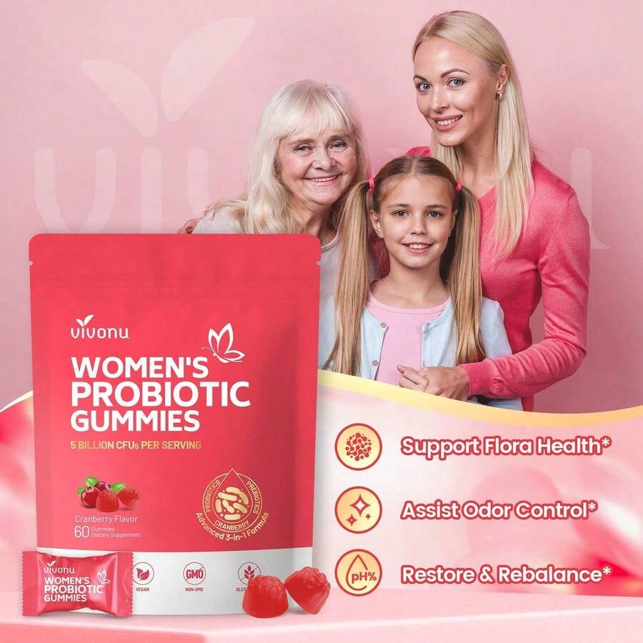 Vivonu Women's Probiotic Gummies | 5 Billion CFUs | 3-In-1 Formula (Probiotics + Prebiotics + Cranberry) | Cranberry Flavor | No Sugar, Non-GMO | 60 Gummies | Dietary Supplement