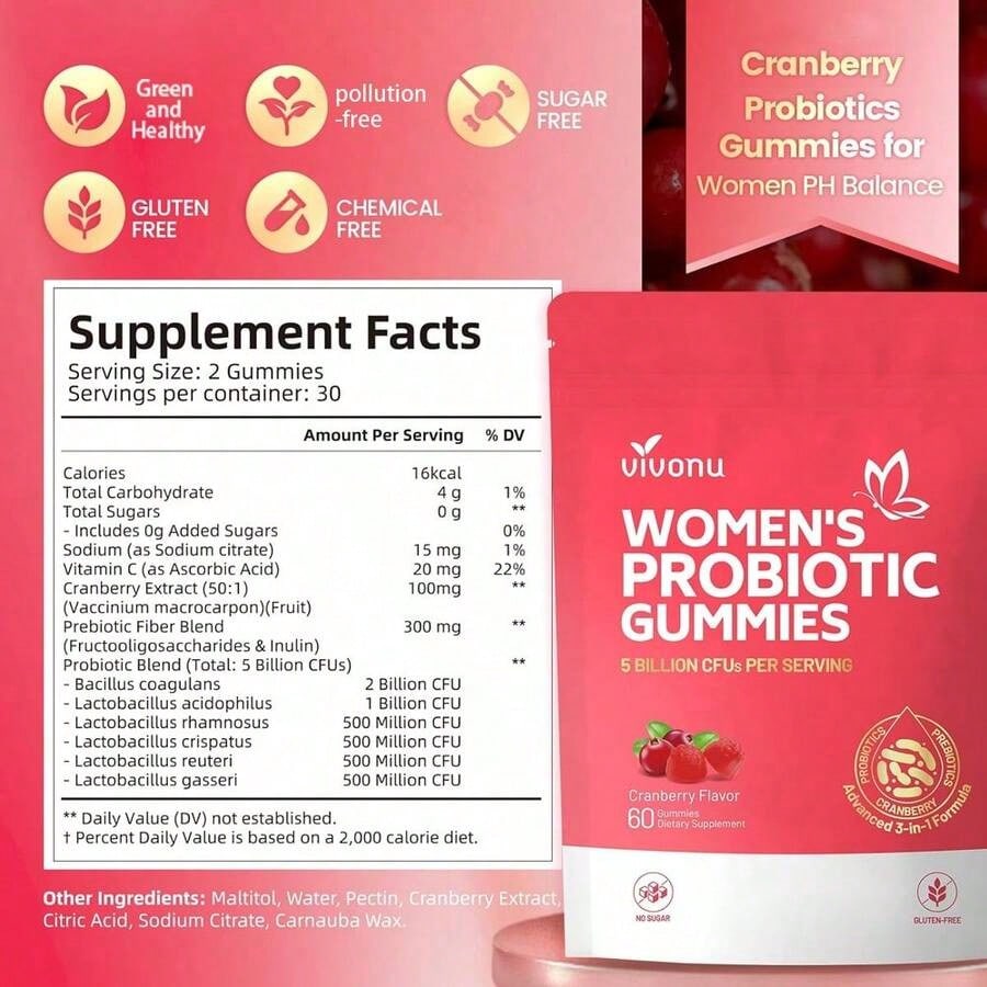 Vivonu Women's Probiotic Gummies | 5 Billion CFUs | 3-In-1 Formula (Probiotics + Prebiotics + Cranberry) | Cranberry Flavor | No Sugar, Non-GMO | 60 Gummies | Dietary Supplement
