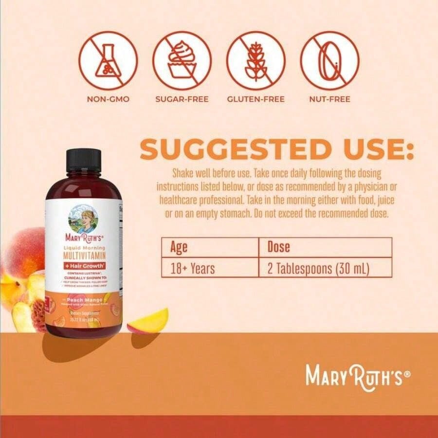 Mary Ruth's Daily Liquid Hair Formula| Blueberry Pomegranate| 16 FL Oz (473 ML)| Sugar-Free| With SesZenBio™| Supports Thicker Hair, Hair Health & Skin| Vegan