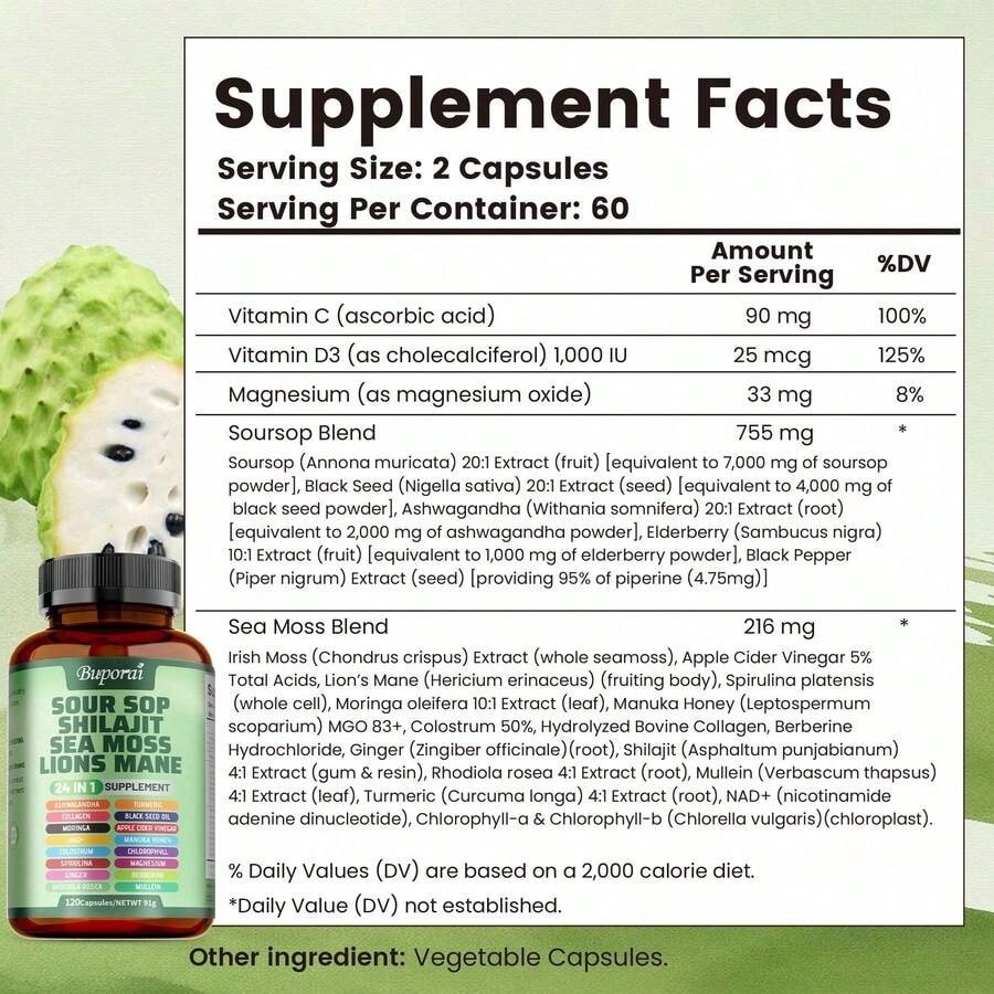 BUPORAI Soursop Shilajit Sea Moss Lion's Mane - Has Natural Antioxidant Properties To Boost Immunity And Support Cell Regeneration - 120pcs