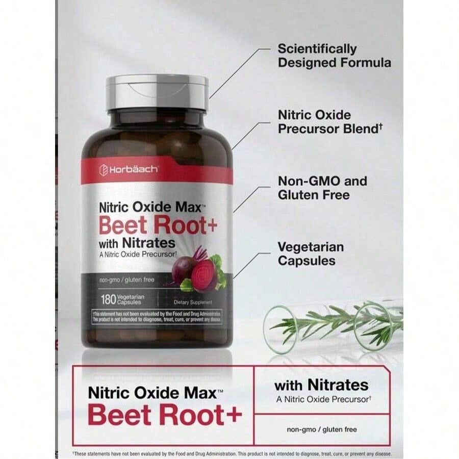 Horbäach Nitric Oxide Beet Root Capsules | 180 Count | With Nitrates And Precursor | For Men And Women | Vegetarian, Non-GMO, Gluten Free Supplement[Free Shipping ](2026 Latest Version)