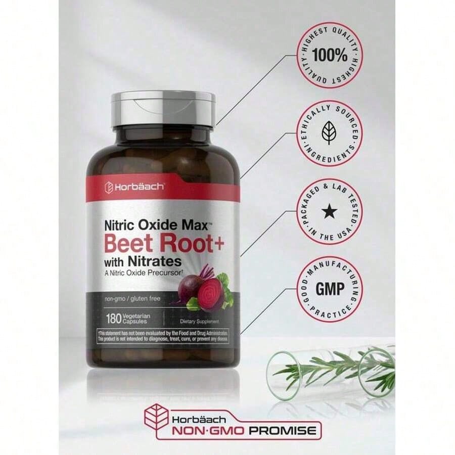 Horbäach Nitric Oxide Beet Root Capsules | 180 Count | With Nitrates And Precursor | For Men And Women | Vegetarian, Non-GMO, Gluten Free Supplement[Free Shipping ](2026 Latest Version)