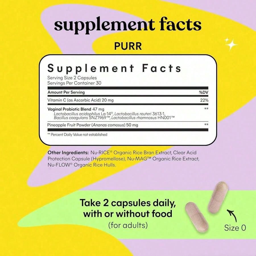 Lemme Purr Vaginal Probiotics – Feminine Wellness & PH Balance Support With Pineapple & Vitamin C | 4-Strain Lactobacillus Blend | Vegan, Gluten-Free, 60 Capsules