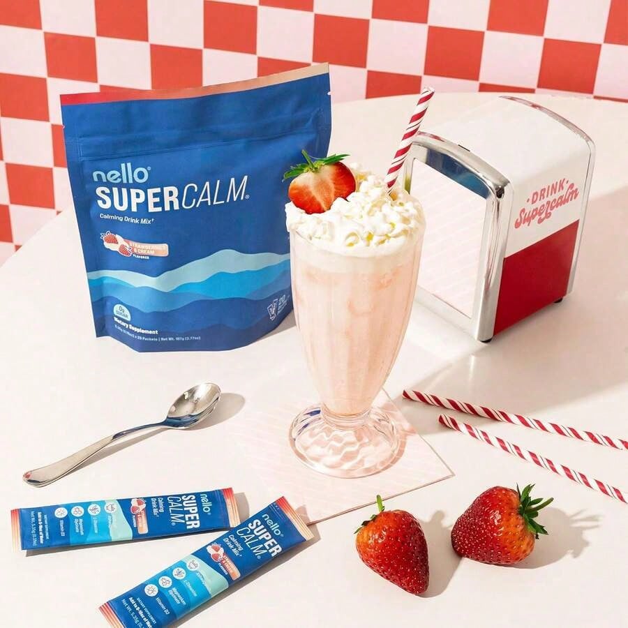 Nello SuperCalm Powdered Drink Mix – Cortisol Support, Sleep Aid Supplement With Magnesium Glycinate, L-Theanine & KSM-66 Ashwagandha, Vitamin D3, No Sugar, Non-GMO, Strawberries & Cream, 20 Packets*