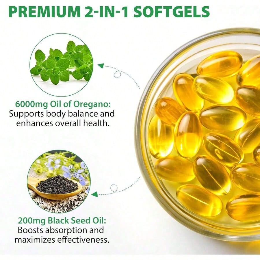 Oil Of Oregano With Black Seed Oil Softgels, Carvacrol + Thymoquinone, 2-In-1 Herbal Softgels, 60 Count
