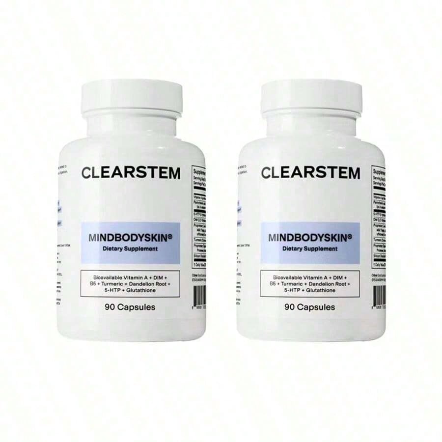 CLEARSTEM - MINDBODYSKIN Hormonal Acne Supplement (5-HTP) - Natural DIM Supplement - Skin Care Vitamins - Hormone Balance, Antioxidants - Gluten Free, Cruelty Free - 30 Servings, 90 Capsules