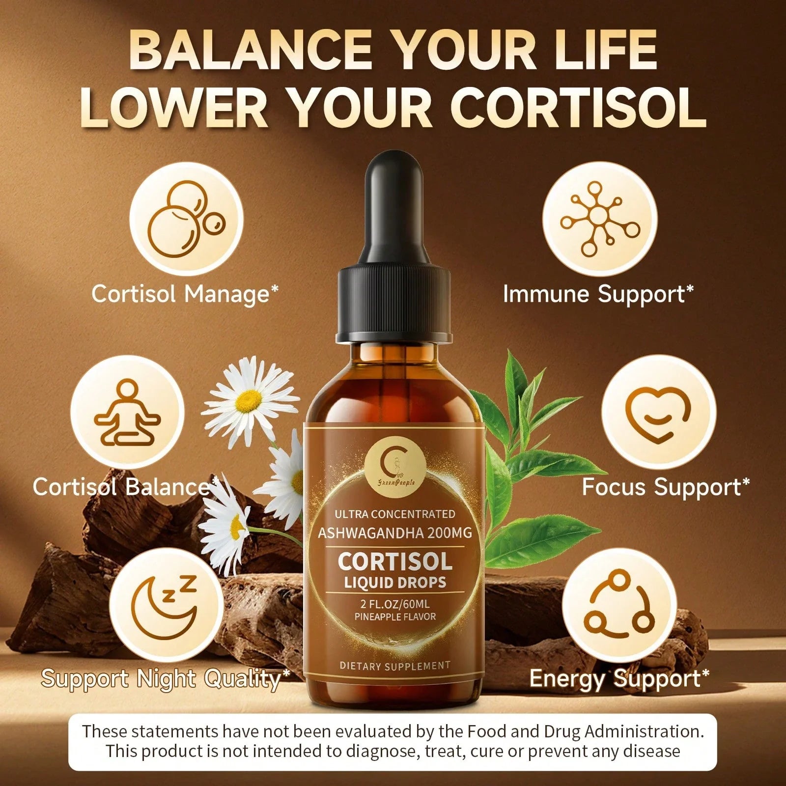 GPGP GREENPEOPLE Quick Ship Items - Cortisol Supplements W/ KSM-66® Ashwagandha, Kava, Lemon Balm, Chamomile, Saffron, L-Theanine & Vitamins - Cortisol Reducer Liquid Drops For Women Men, Hormone Harmony Drink, 2 FL.OZ, Blueberry & Pineapple Flavors