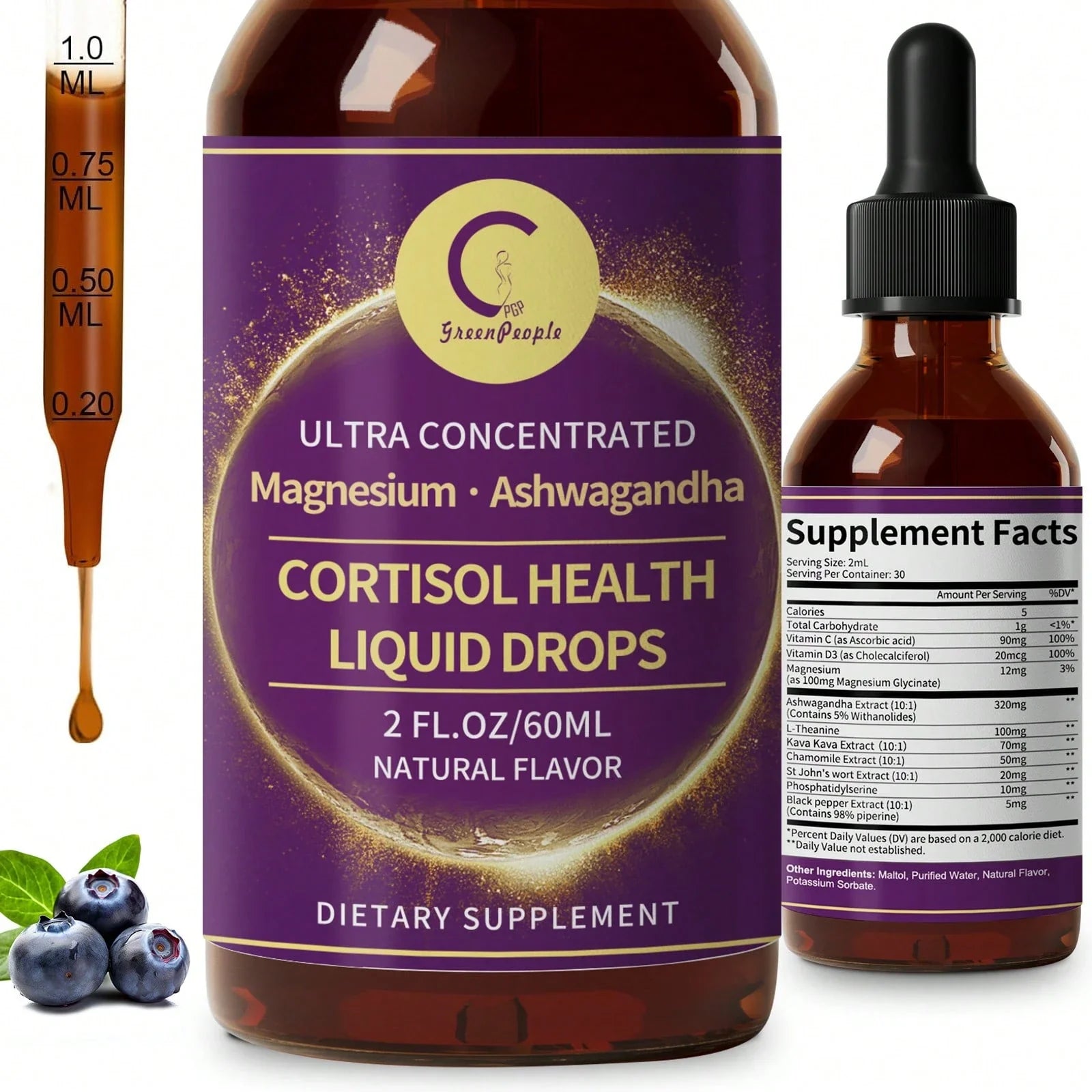 GPGP GREENPEOPLE Quick Ship Items - Cortisol Supplements W/ KSM-66® Ashwagandha, Kava, Lemon Balm, Chamomile, Saffron, L-Theanine & Vitamins - Cortisol Reducer Liquid Drops For Women Men, Hormone Harmony Drink, 2 FL.OZ, Blueberry & Pineapple Flavors