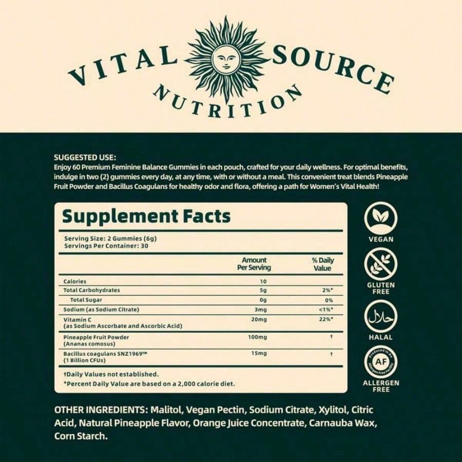 Premium Feminine Balance Gummies For Women| PH & Odor Support With Bacillus Coagulans| Hawaiian Pineapple Flavor| Vegan, Gluten-Free| 60 Gummies (30 Servings)