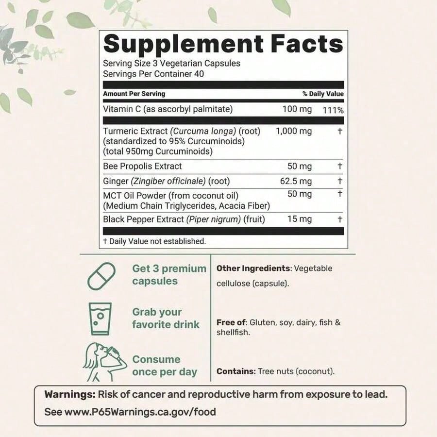 Turmeric Curcumin 1,000mg| 95% Curcuminoids With Black Pepper & MCT Oil For Ultimate Absorption, No Filler, No GMO - 120 Vegetarian Capsules