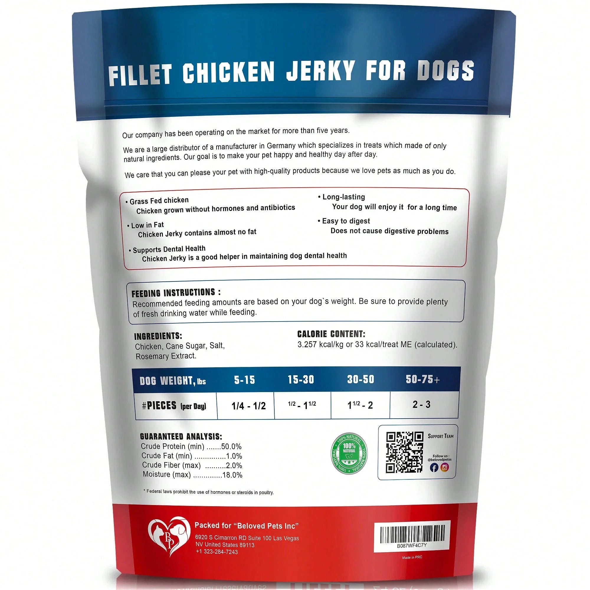Beloved Pets Chicken Jerky Dog Treats 1.5 Lb - Human Grade Pet Snacks & Grain Free Meat - High Protein Dried Strips - Best Chews For Training Small & Large Dogs - Bulk Soft Pack - Lab Tested In The USA