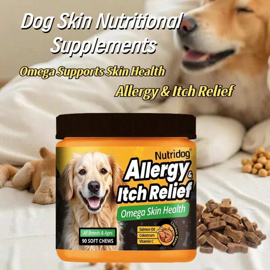 Dog Anti-Allergy & Itching Supplement Food - Omega-3 & Colostrum Strong Barrier , VC + Zinc Anti-Itch Repair, 90 Soft Chews For Dogs Of All Stages