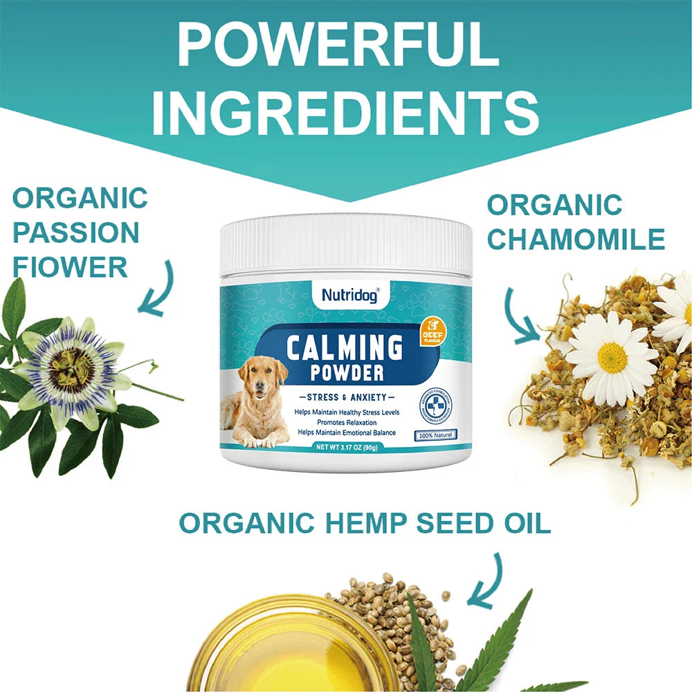 Dog Calming Powder Supplement With Valerian Root & Chamomile For Dog Anxiety Relief,Separation Anxiety,Fireworks Noise & Travel Stress,Beef Flavor
