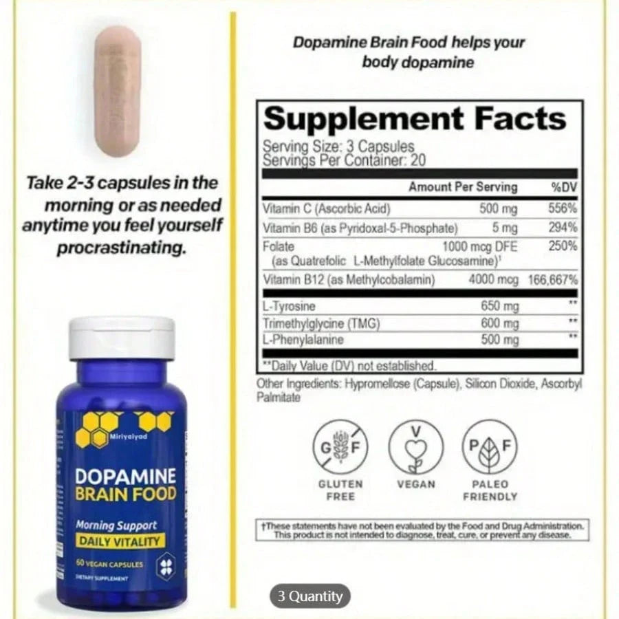 Free Shipping - 60 Vegan Capsules Dopamine Brain Food Support Supplement - Morning Support & Daily Vitality, Gluten-Free Formula With Natural Dopamine Boosters, B Vitamins