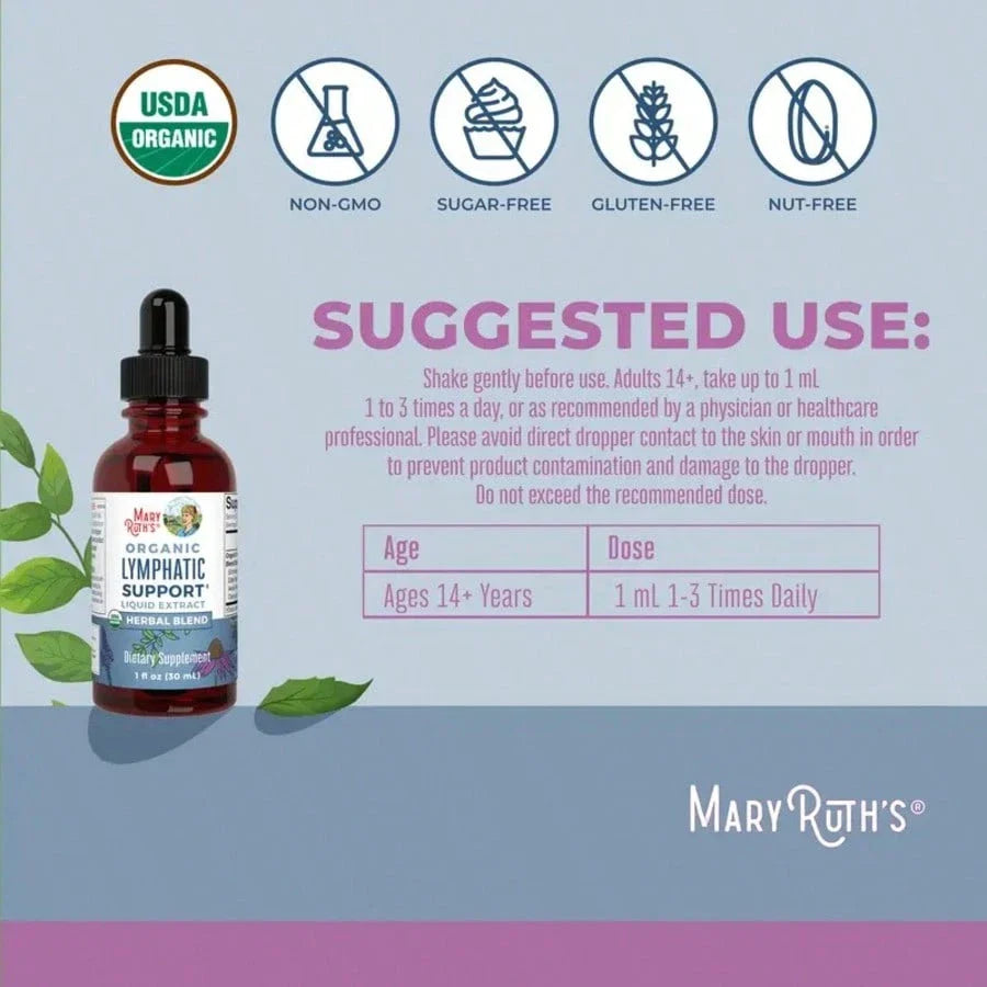 MaryRuths Lymphatic Support Herbal Blend Liquid Drops - USDA Organic - Echinacea & Elderberry - Blue Vervain - Vegan - 30 Servings, Free Shipping, For Women, For Men, Dietary Supplement
