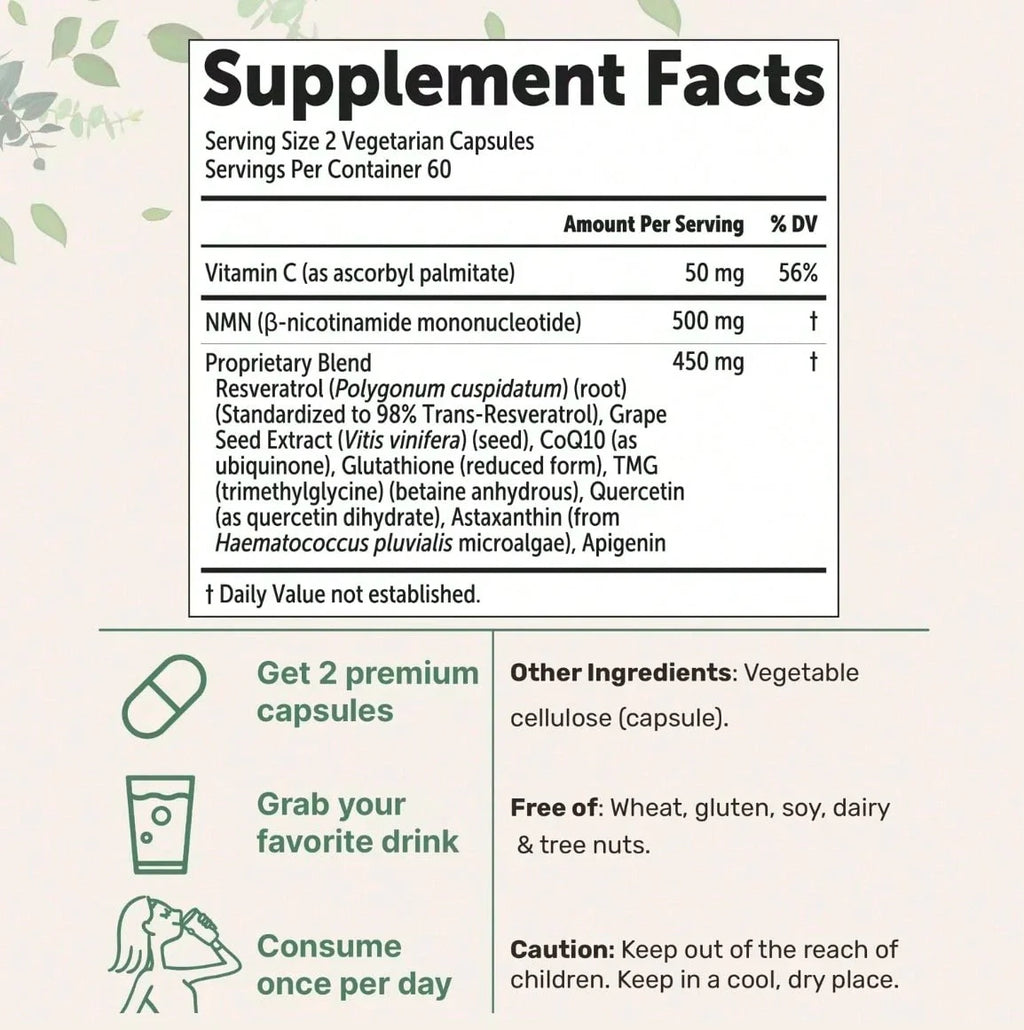 Micro NMN Complex 1,000mg Per Serving,10-1 Complex, Zero Filler Pure NMN 500mg With Vitamin C,Resveratrol,CoQ10.TMG,Quercetin,& Glutathione | NAD+Supplement Precursor