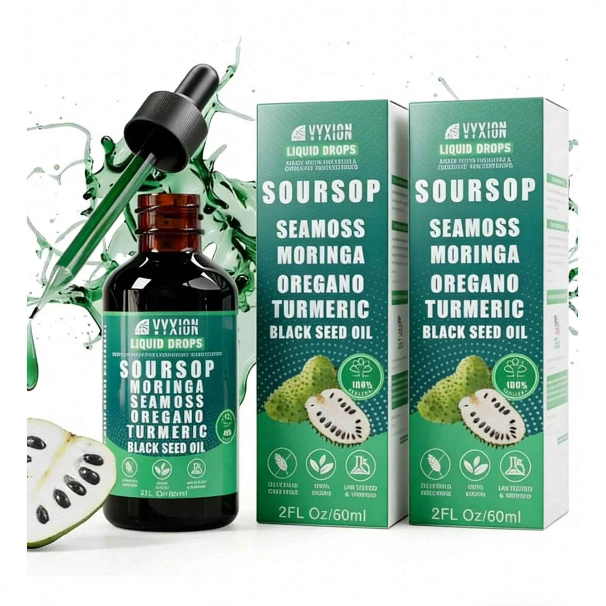VYXION Pure Soursop 10 In 1 Liquid Drops Extract - Seamoss,Moringa,Black Seed Oil,Turmeric,Oregano Liquid Drops - Healthcare,Fitness,Natural Wellness Blend