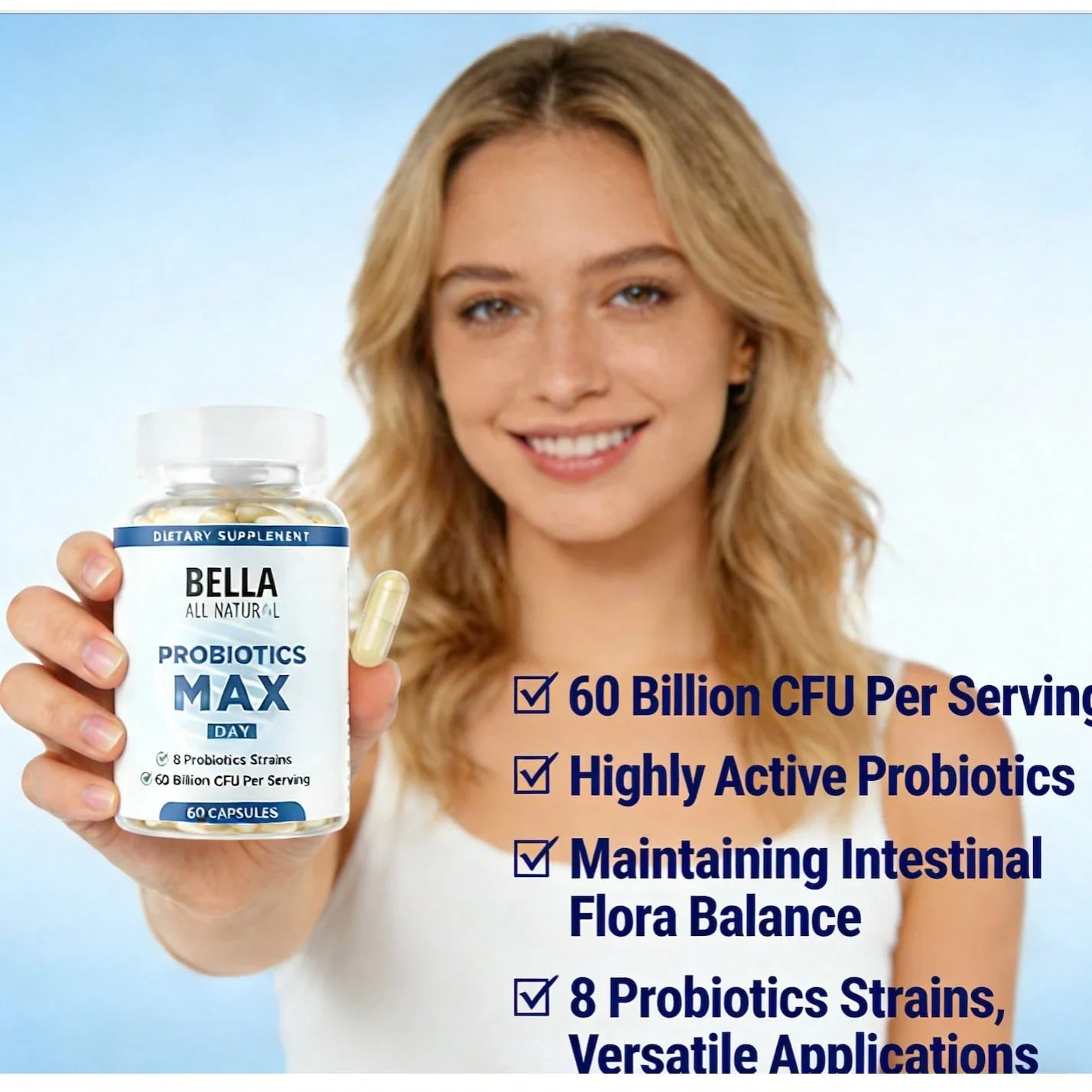 Bella Probiotics MAX Day8 Probiotic Strains & 60 Billion CFU Per Serving For Healthy Living -60 Capsules