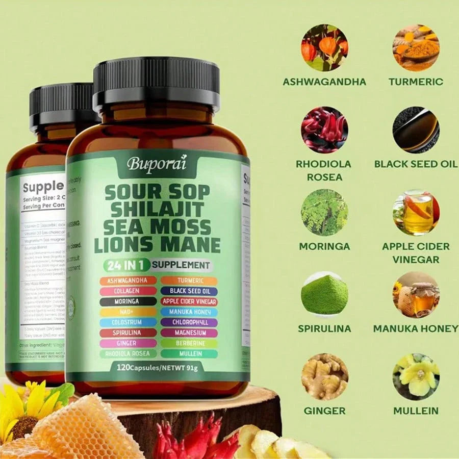 Multi Bottles - Soursop Dietary Supplement, Rich In Antioxidants, 120 Capsules Per Bottle, With Added Shiitake Mushroom, Seaweed, And Lion's Mane Mushroom, 24 In 1, Supports Skin, Joint, And Bone Health, For Women, For Men