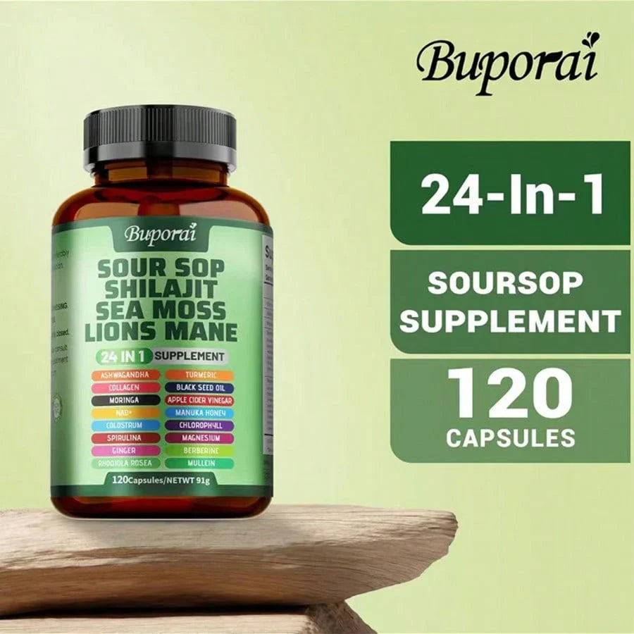 Multi Bottles - Soursop Dietary Supplement, Rich In Antioxidants, 120 Capsules Per Bottle, With Added Shiitake Mushroom, Seaweed, And Lion's Mane Mushroom, 24 In 1, Supports Skin, Joint, And Bone Health, For Women, For Men