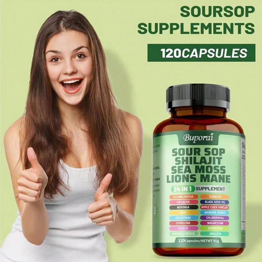 Multi Bottles - Soursop Dietary Supplement, Rich In Antioxidants, 120 Capsules Per Bottle, With Added Shiitake Mushroom, Seaweed, And Lion's Mane Mushroom, 24 In 1, Supports Skin, Joint, And Bone Health, For Women, For Men