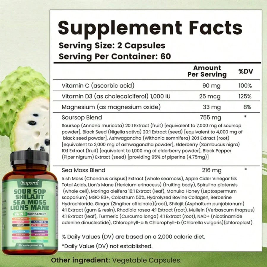Multi Bottles - Soursop Dietary Supplement, Rich In Antioxidants, 120 Capsules Per Bottle, With Added Shiitake Mushroom, Seaweed, And Lion's Mane Mushroom, 24 In 1, Supports Skin, Joint, And Bone Health, For Women, For Men