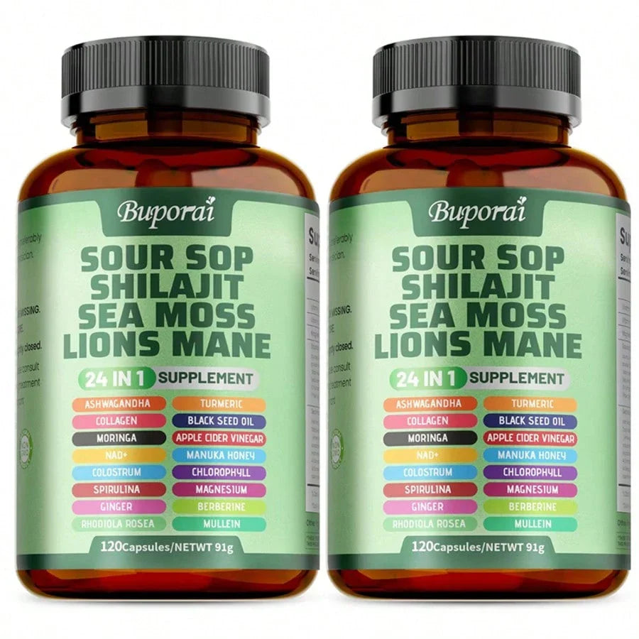 Multi Bottles - Soursop Dietary Supplement, Rich In Antioxidants, 120 Capsules Per Bottle, With Added Shiitake Mushroom, Seaweed, And Lion's Mane Mushroom, 24 In 1, Supports Skin, Joint, And Bone Health, For Women, For Men