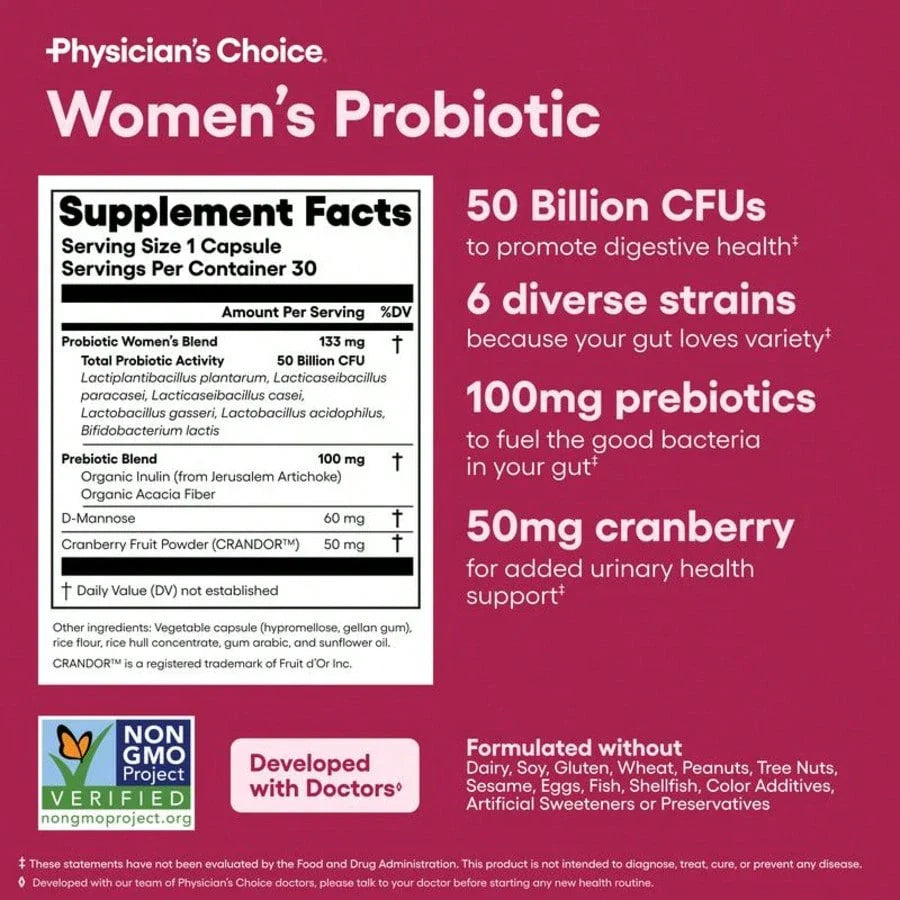 Physician's Choice Women's Probiotic Daily Digestive, Gut Health, Urinary Tract, And Immune Support For Women With 50B CFUs, Cranberry & Prebiotics, For Women,  Daily Health, Probióticos Originales